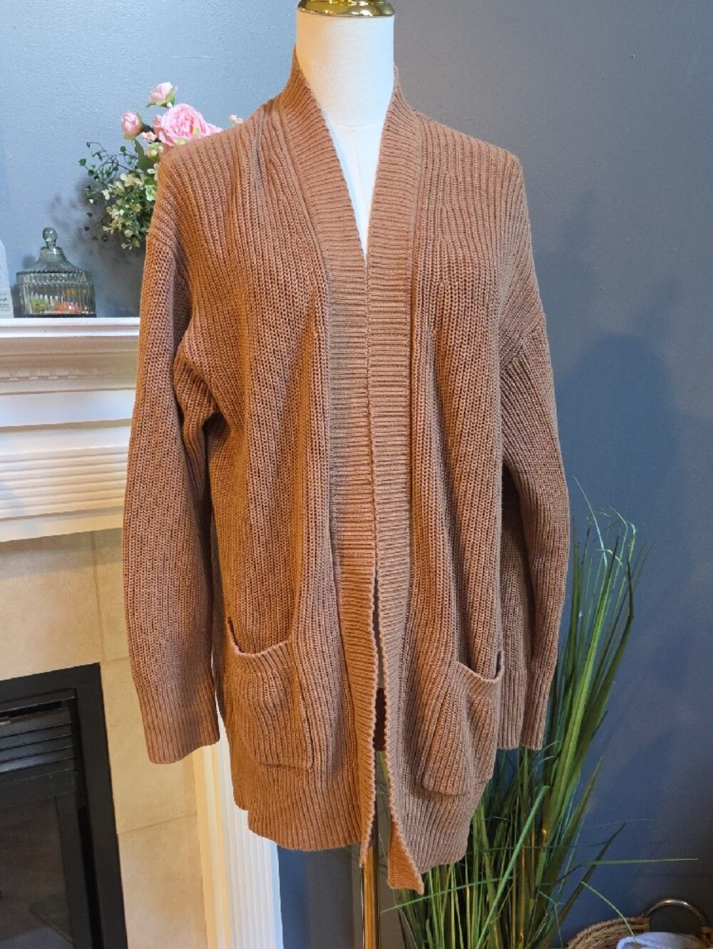 MIA Camel Open-Front Ribbed Cardigan